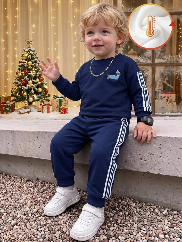 Baby Boy Cartoon Navy Blue Long Sleeve Fleece Crew Neck Sweatshirt Matching Pants Set, Side Stripes, Dachshund Pattern Vacation Matching Family - Multicolor - View 1