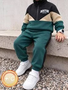 SHEIN 2pcs/Set Young Boys Casual Comfortable Versatile Stand Collar Half-Zip Pullover Sweatshirt With Patch Pocket, Contrast Color And Letter Print Pattern, Plus Loose Sports Pants, Fleece Lined Brushed Thick Fabric, Suitable For Winter - Black and White - View 1