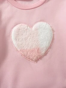 3pcs/Set Girls Fall, Round Heart Patch Applique Sweatshirt, Casual Sweatpants With Side Fur Patch, Plaid Jacquard Fleece Sleeveless High Neck Zip-U - Pink - View 5