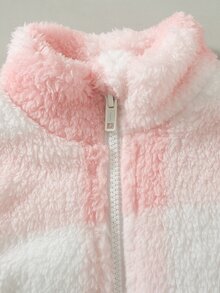 3pcs/Set Girls Fall, Round Heart Patch Applique Sweatshirt, Casual Sweatpants With Side Fur Patch, Plaid Jacquard Fleece Sleeveless High Neck Zip-U - Pink - View 8