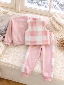 3pcs/Set Girls Fall, Round Heart Patch Applique Sweatshirt, Casual Sweatpants With Side Fur Patch, Plaid Jacquard Fleece Sleeveless High Neck Zip-U - Pink - View 2
