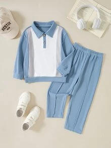 2pcs Young Boy Autumn/Winter Kids Casual Polo Sweatshirt And Pants Set - Multicolor - View 5