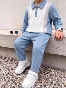 2pcs Young Boy Autumn/Winter Kids Casual Polo Sweatshirt And Pants Set - Multicolor - View 1