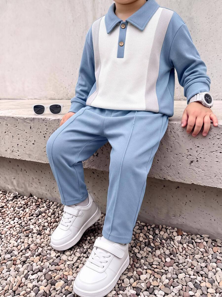 2pcs Young Boy Autumn/Winter Kids Casual Polo Sweatshirt And Pants Set - Multicolor - View 1