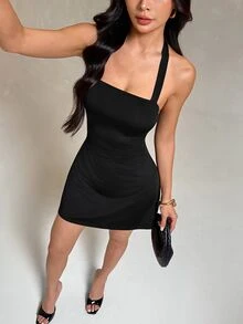 Sinnesro 小碼女款黑色掛脖綁帶迷你洋裝，時尚休閒通勤穿搭 - 黑色 - 查看 4