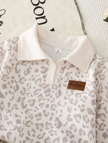 SHEIN 女童豹紋波羅領長袖寬腿褲兩件套上衣灰色奶油白V領下裝黃色秋季生日嬰兒 - 卡其色 - 查看 5
