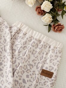 SHEIN 女童豹紋波羅領長袖寬腿褲兩件套上衣灰色奶油白V領下裝黃色秋季生日嬰兒 - 卡其色 - 查看 6