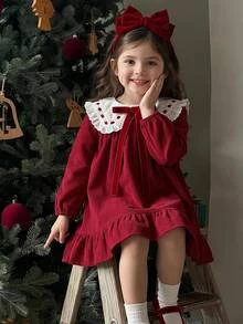 SHEIN Girls' Red Elegant Christmas Kids Kids Holiday, New Year Dress, Suitable For Party, Outing, Wearing, Suitable For Autumn/Winter Season - Red - View 9