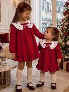 SHEIN Girls' Red Elegant Christmas Kids Kids Holiday, New Year Dress, Suitable For Party, Outing, Wearing, Suitable For Autumn/Winter Season - Red - View 1