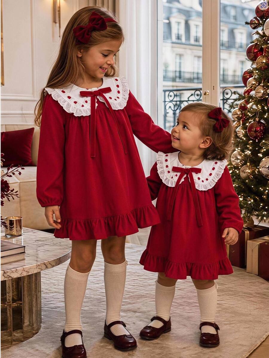 SHEIN Girls' Red Elegant Christmas Kids Kids Holiday, New Year Dress, Suitable For Party, Outing, Wearing, Suitable For Autumn/Winter Season - Red - View 1