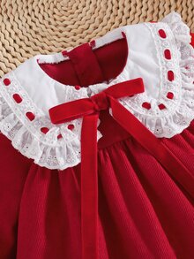 SHEIN Girls' Red Elegant Christmas Kids Kids Holiday, New Year Dress, Suitable For Party, Outing, Wearing, Suitable For Autumn/Winter Season - Red - View 3