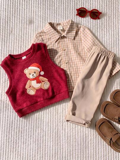 Conjunto de 3 piezas para bebé niño, otoño/invierno, chaleco de cuello redondo con estampado de oso de dibujos animados, camisa de cuello vuelto, pantalones largos de cintura elástica, uniforme escolar, conjunto navideño, conjunto rojo, conjunto de camisa, conjunto de chaqueta, conjunto para bebé