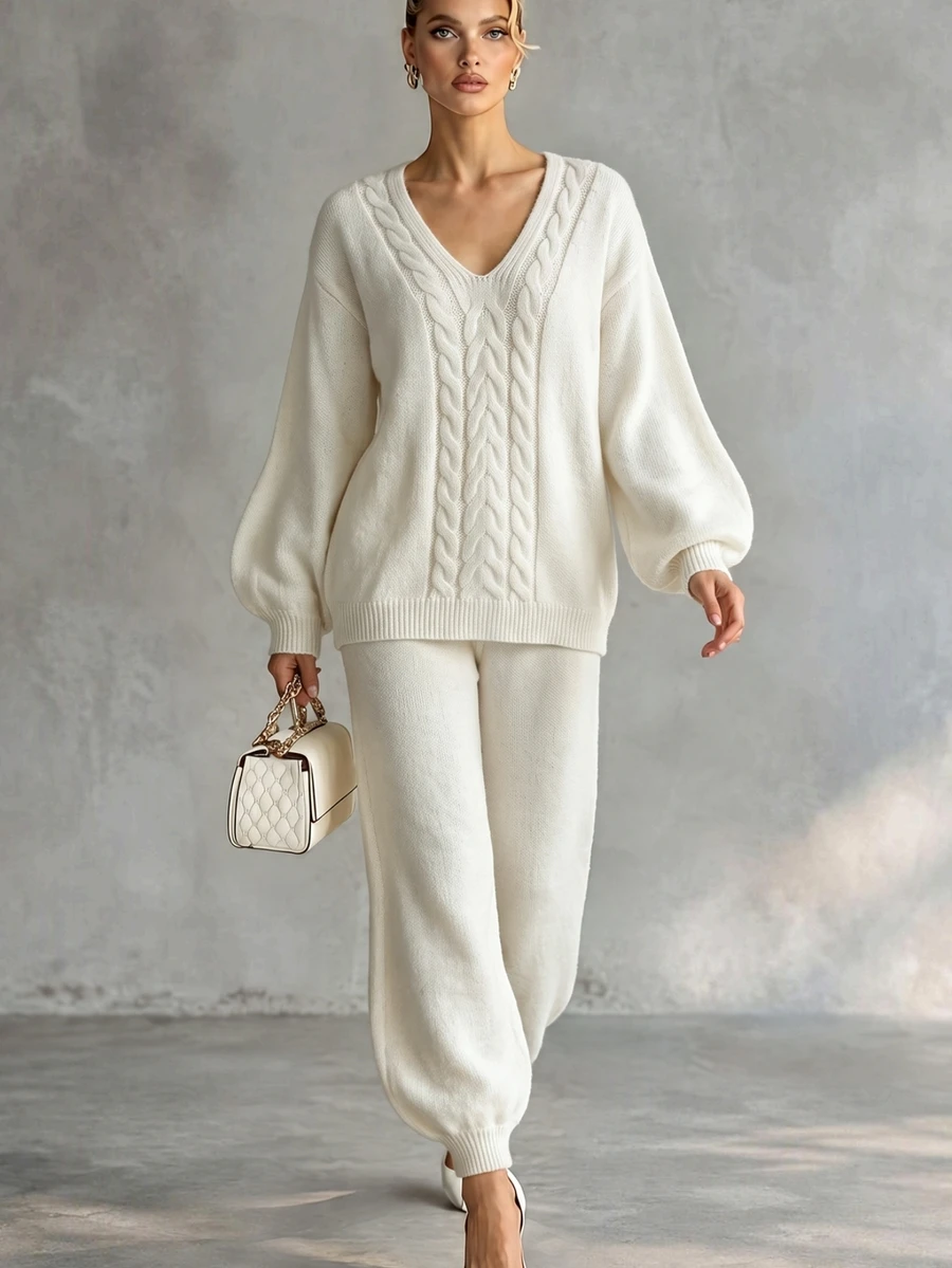 Trelyra Fall/Winter Set New Year Thanksgiving Sweater Elegant Party Chic Night Out Outfit Loungewear Vintage White Twisted Rope V-Neck Women Sweater Pants Set - White - View 1