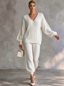 Trelyra Fall/Winter Set New Year Thanksgiving Sweater Elegant Party Chic Night Out Outfit Loungewear Vintage White Twisted Rope V-Neck Women Sweater Pants Set - White - View 3