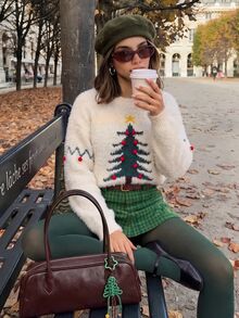 Comfortcana Women Christmas Tree Graphic Sweater Festive Pullover Jumper With Round Neck Long Sleeves For Holid Everyday Holiday White Casual Cute - White - View 5