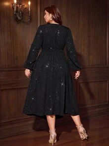Galadore Plus Size Women's Elegant Cross V-Neck Waist-Cinching A-Line Long Sleeve Dress With Waist Pleat Decor - Black - View 2