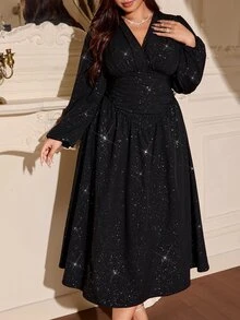 Galadore Plus Size Women's Elegant Cross V-Neck Waist-Cinching A-Line Long Sleeve Dress With Waist Pleat Decor - Black - View 7