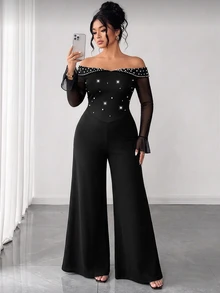 SHEIN LUNE Plus Size Black Cold Shoulder Mesh Flare Long Sleeve Jumpsuit Cold Shoulder High Waist Draped Wide Leg Pants Party Cocktail Halloween Fall Sexy - Black - View 5