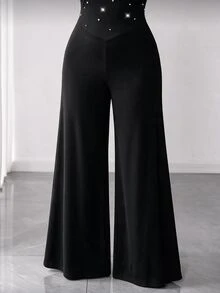 SHEIN LUNE Plus Size Black Cold Shoulder Mesh Flare Long Sleeve Jumpsuit Cold Shoulder High Waist Draped Wide Leg Pants Party Cocktail Halloween Fall Sexy - Black - View 3