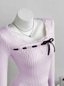 Elamini Women's Autumn/Winter Square Neck Lace Cable Knit Ribbed Texture Slim Fit Cute Bowknot Sweet Versatile Knit Sweater - Mauve Purple - View 3