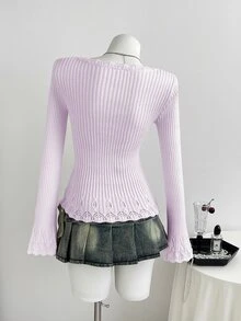 Elamini Women's Autumn/Winter Square Neck Lace Cable Knit Ribbed Texture Slim Fit Cute Bowknot Sweet Versatile Knit Sweater - Mauve Purple - View 2