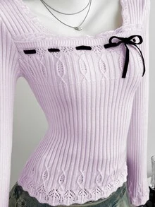 Elamini Women's Autumn/Winter Square Neck Lace Cable Knit Ribbed Texture Slim Fit Cute Bowknot Sweet Versatile Knit Sweater - Mauve Purple - View 6