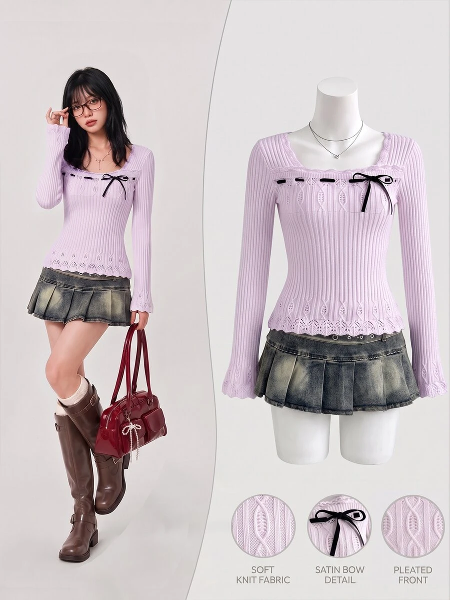 Elamini Women's Autumn/Winter Square Neck Lace Cable Knit Ribbed Texture Slim Fit Cute Bowknot Sweet Versatile Knit Sweater - Mauve Purple - View 1