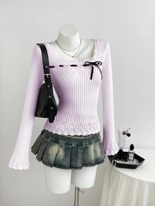 Elamini Women's Autumn/Winter Square Neck Lace Cable Knit Ribbed Texture Slim Fit Cute Bowknot Sweet Versatile Knit Sweater - Mauve Purple - View 5