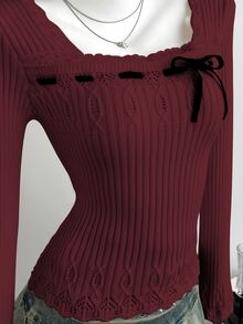 Elamini 女款秋冬方領蕾絲麻花針織羅紋紋理修身可愛蝴蝶結甜美浪漫優雅百搭針織毛衣 聖誕約會黑色 - 酒紅色 - 查看 6