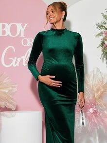 Loomaby Maternity Solid Color Casual Party Dress,Gender Reveal Dress,Maternity Dress,Baby Shower Dress - Green - View 2