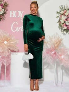 Loomaby Maternity Solid Color Casual Party Dress,Gender Reveal Dress,Maternity Dress,Baby Shower Dress - Green - View 4