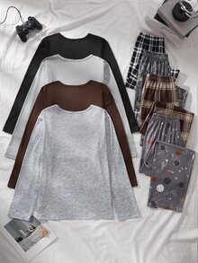 SHEIN طقم ملابس منزلية للأولاد المراهقين بطبعة حروف، ملابس علوية بأكمام طويلة وبنطلون - متعدد الألوان - مشاهدة 2
