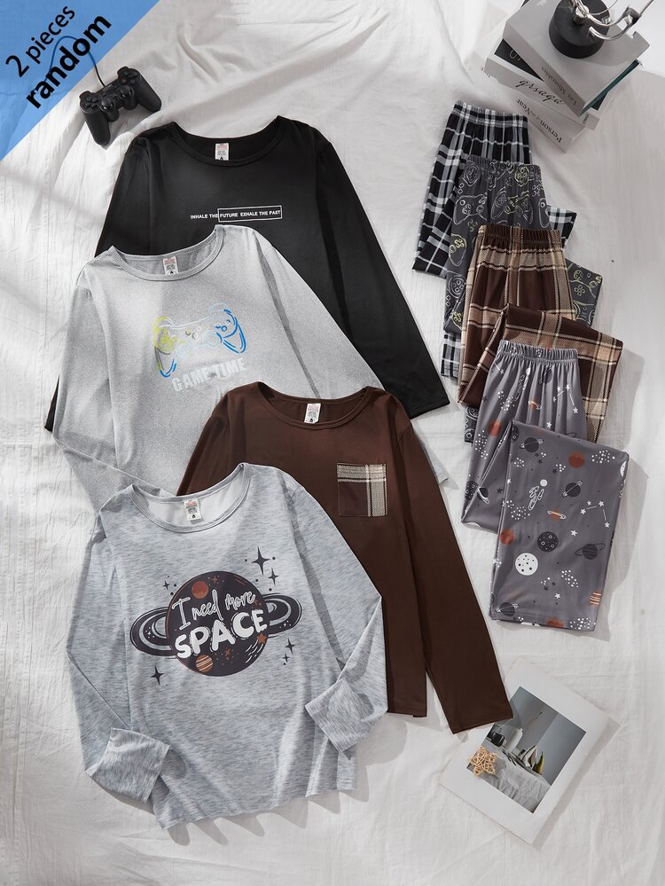 SHEIN Teen Boy Letter Print Long Sleeve Top And Pants Loungewear Set - Multicolor - View 3