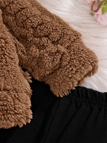 SHEIN Newborn Girls' 2pcs Cute Solid Bow Decor Plush Hooded Long Sleeve Set Winter, Loose Fit, Versatile, Fuzzy, Versatile - Khaki - View 5