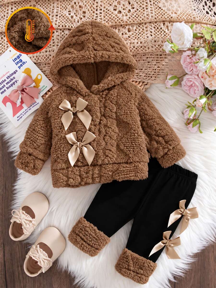 SHEIN Newborn Girls' 2pcs Cute Solid Bow Decor Plush Hooded Long Sleeve Set Winter, Loose Fit, Versatile, Fuzzy, Versatile - Khaki - View 1