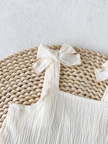 SHEIN 女嬰刺繡鏤空荷葉邊上衣短褲套裝 幼兒蝴蝶結肩帶背心襯衫 米白色深棕色 夏季 2件套 親子套裝 - 棕色 - 查看 7
