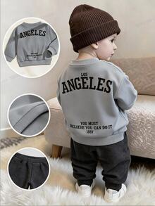 SHEIN 2pcs Toddler Boy Sweatshirt Pants Set Preppy Grey Charcoal Letter Print Ribbed Long Sleeve Round Neck Birthday Party Fall Baggy Big Brother Streetwear - Grey - View 2