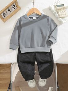 SHEIN 2pcs Toddler Boy Sweatshirt Pants Set Preppy Grey Charcoal Letter Print Ribbed Long Sleeve Round Neck Birthday Party Fall Baggy Big Brother Streetwear - Grey - View 3