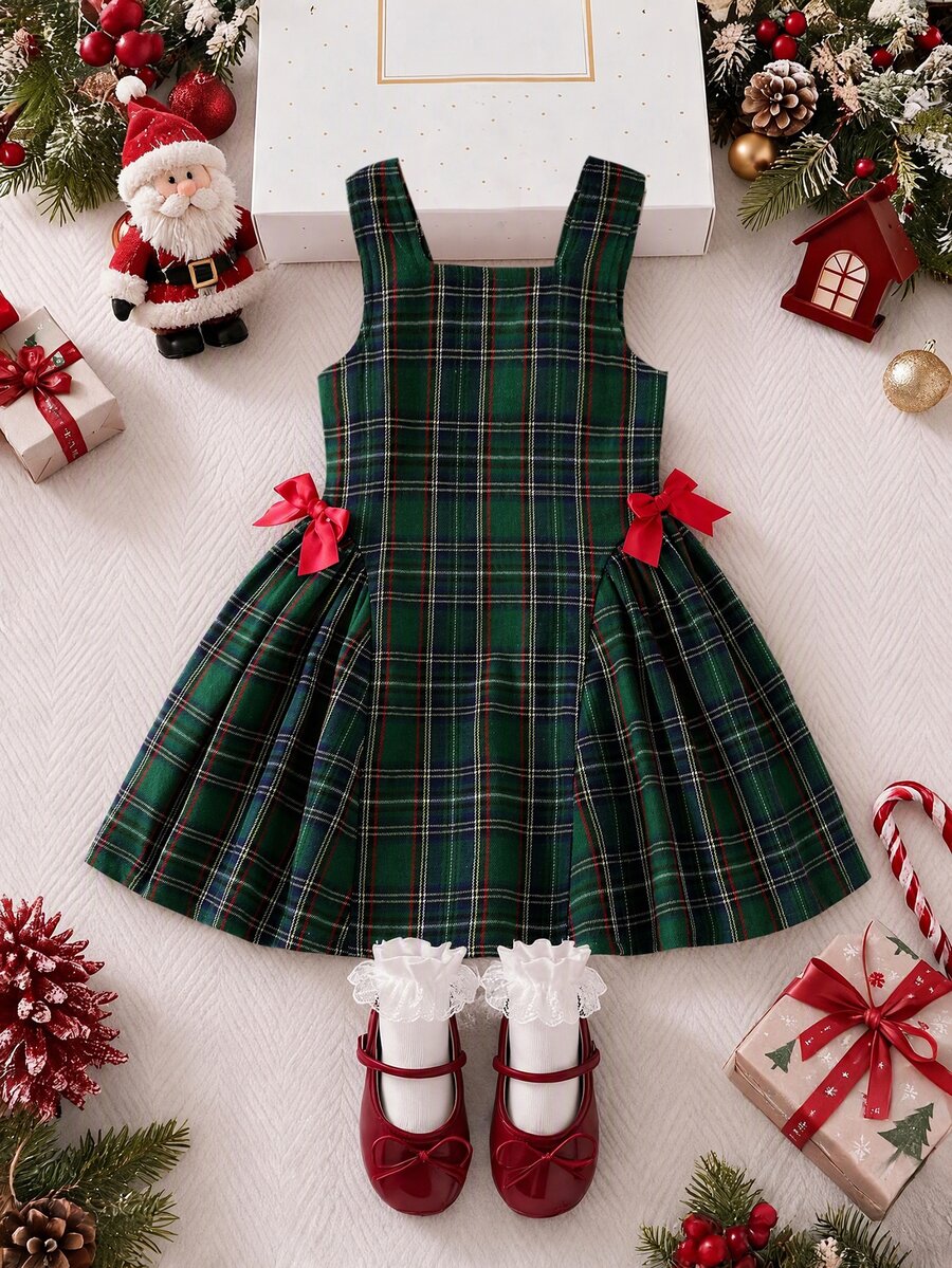 SHEIN YOUNG GIRLS Sleeveless Plaid Dress, Fall/ Square Neck A-Line ...