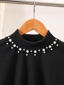 SHEIN 青少年女孩秋季休閒可愛套裝，白色珠飾裝飾，不對稱設計，高領黑色長袖上衣搭配喇叭褲，家庭款 - 黑色 - 查看 5