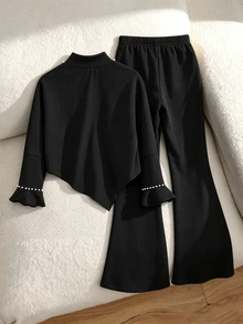SHEIN 青少年女孩秋季休閒可愛套裝，白色珠飾裝飾，不對稱設計，高領黑色長袖上衣搭配喇叭褲，家庭款 - 黑色 - 查看 2