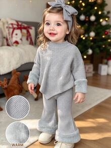 SHEIN Baby Girls 2 Piece Ribbed Knit Outfit Set High Neck Asymmetrical Hem Top Fuzzy Cuffs Flared Pants Fall Christmas Daily Wear Family Light Grey - Grey - View 4