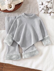 SHEIN Baby Girls 2 Piece Ribbed Knit Outfit Set High Neck Asymmetrical Hem Top Fuzzy Cuffs Flared Pants Fall Christmas Daily Wear Family Light Grey - Grey - View 9