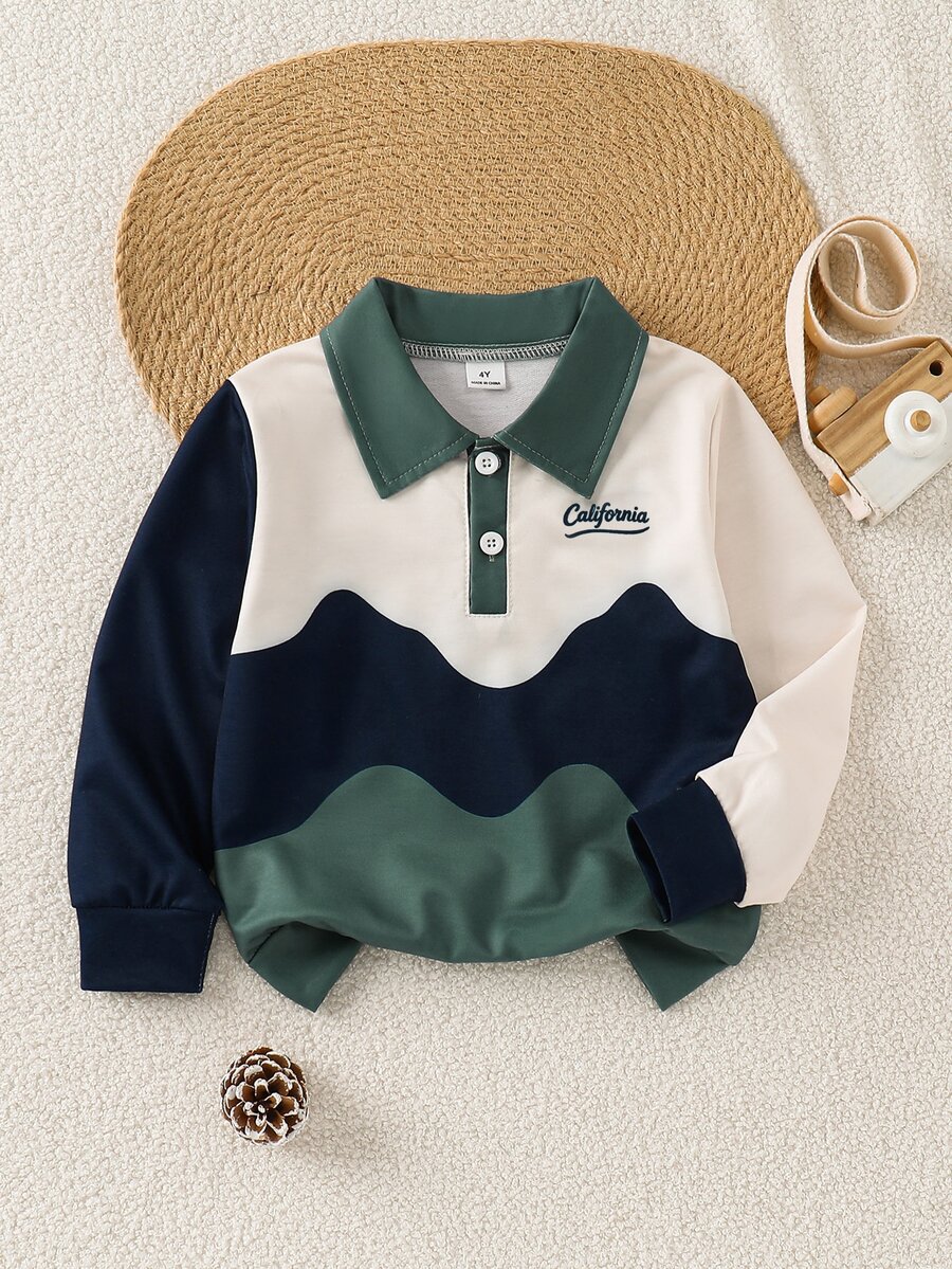 SHEIN 男童休閒對比條紋不對稱條紋印花 POLO 領長袖衛衣,學院風襯衫,可愛面料,適合秋季 - 綠色 - 查看 1