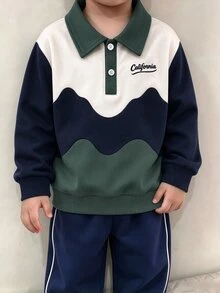 SHEIN 男童休閒對比條紋不對稱條紋印花 POLO 領長袖衛衣，學院風襯衫，可愛面料，適合秋季 - 綠色 - 查看 3