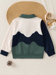 SHEIN 男童休閒對比條紋不對稱條紋印花 POLO 領長袖衛衣，學院風襯衫，可愛面料，適合秋季 - 綠色 - 查看 2