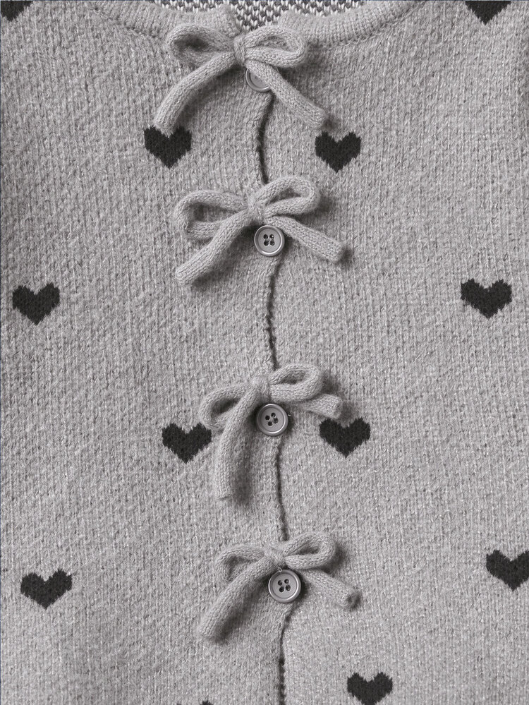 SHEIN 2pcs Tween Girl Sweater Set, Cute Sweet Heart & Bow Detail Cardigan Long Sleeve Jacket, Paired With Versatile Wide Leg Pants, Autumn/Winter - Grey - View 6