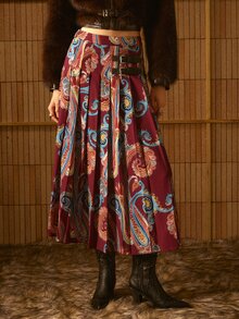 MOTF STUDIO WOMEN'S PAISLEY PRINT BUCKLE DECOR PLEATED SKIRT - Burgundy - View 4
