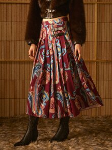 MOTF STUDIO WOMEN'S PAISLEY PRINT BUCKLE DECOR PLEATED SKIRT - Burgundy - View 6