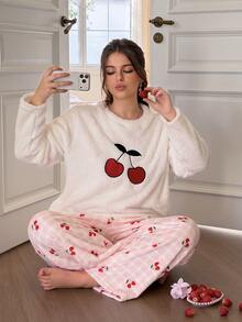 Slumberry CURVE Plus Size Women's Sweet Cherry Embroidery Contrast Plaid Cherry Print Plush Comfortable Winter Long Sleeve Pants Pajama Set - Multicolor - View 4